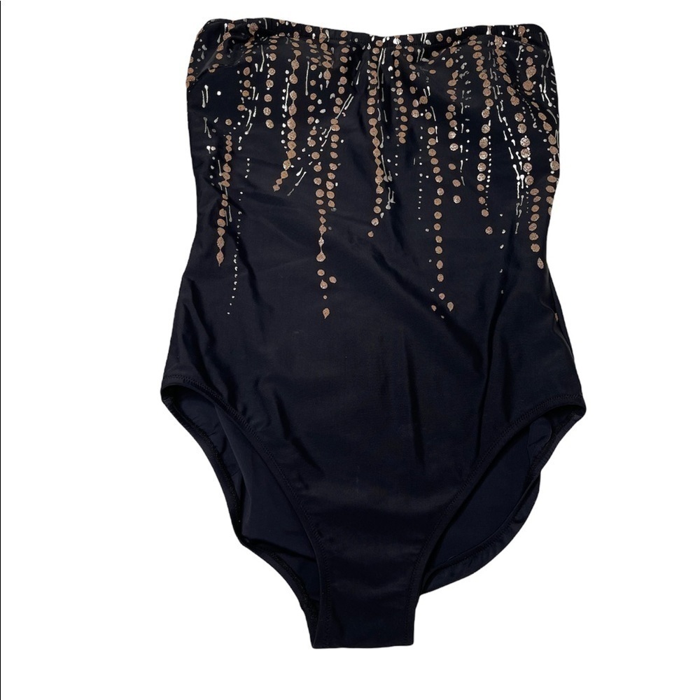 LADY Gottex Black Copper Silver Dot Splatter Pattern Bandeau Swimsuit Size 12